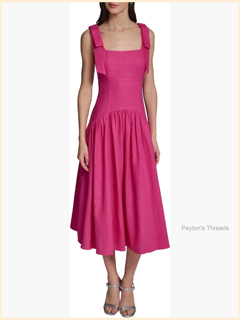 Square Neck Bow Tie Straps A-Line Midi Dress Linen Viscose